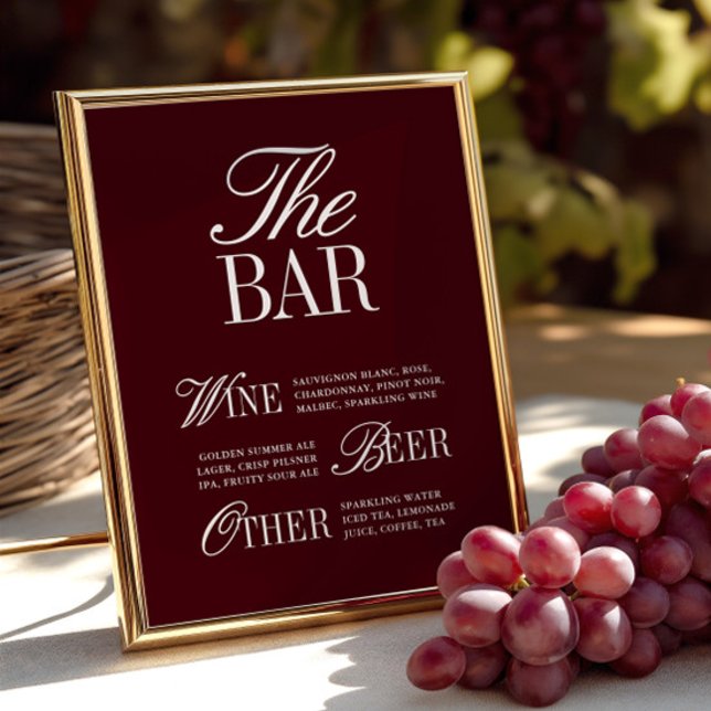 Elegant Vintage Burgundy Bar Menu Wedding Sign (Elegant Vintage Burgundy Bar Menu Wedding Sign)