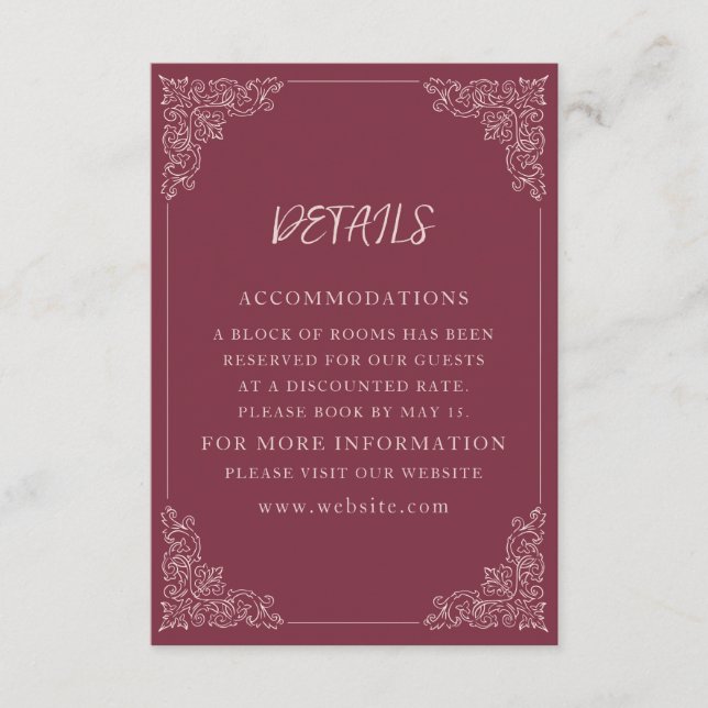 Elegant Vintage Burgundy Berry Wedding Details Enclosure Card (Front)