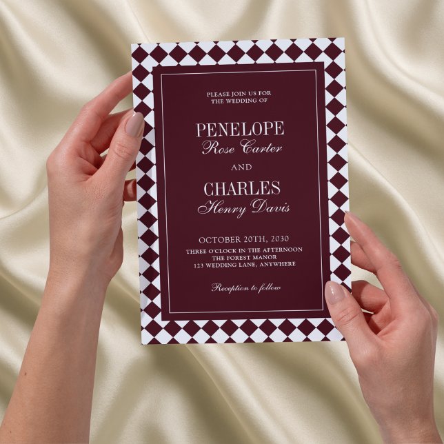 Elegant Vintage Burgundy Checkered Formal Wedding Invitation (Creator Uploaded)