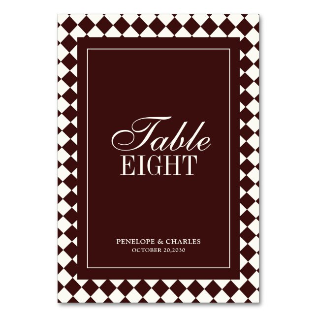 Elegant Vintage Burgundy Formal Wedding Table Number (Front)