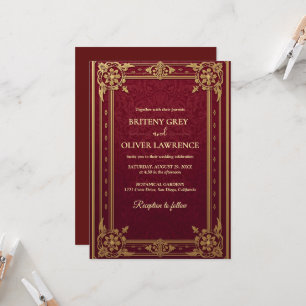 Elegant Vintage Burgundy red and Gold Wedding Invitation