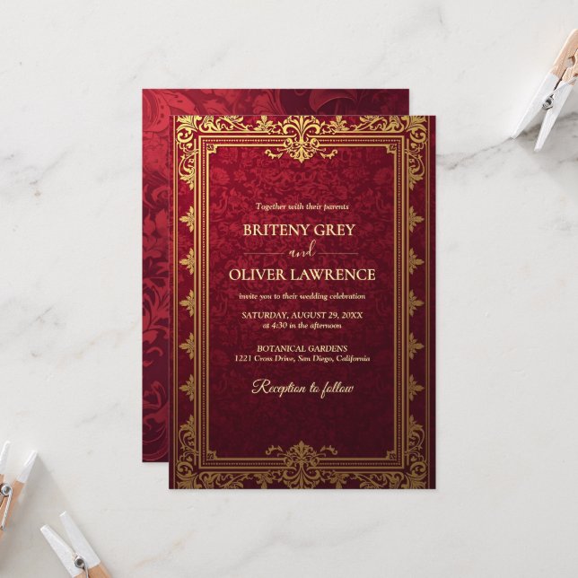 Elegant Vintage Burgundy red and Gold  Wedding Invitation (Front/Back In Situ)