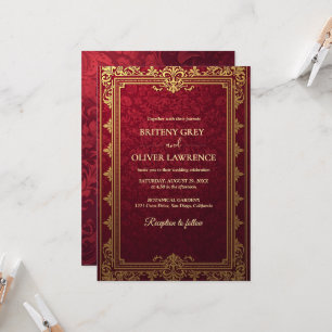 Elegant Vintage Burgundy red and Gold Wedding Invitation