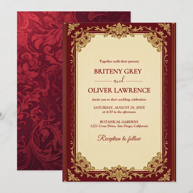 Elegant Vintage Burgundy red and Gold  Wedding Invitation (Front/Back)