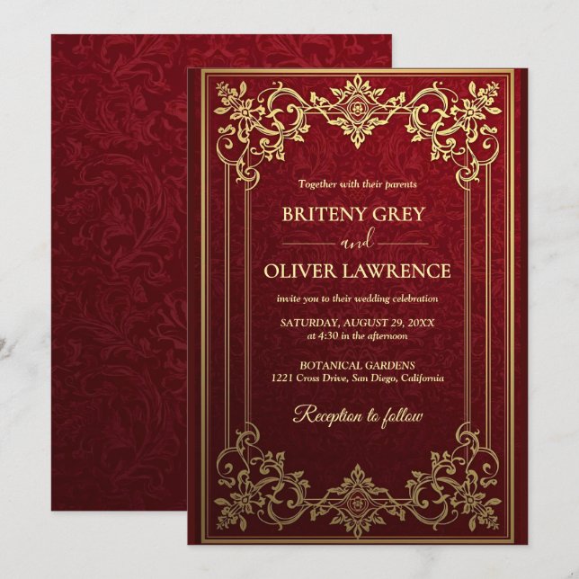 Elegant Vintage Burgundy red and Gold  Wedding Invitation (Front/Back)