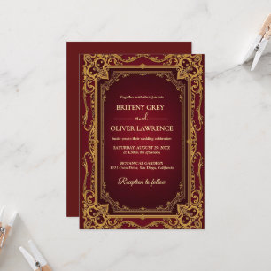 Elegant Vintage Burgundy red and Gold Wedding Invitation