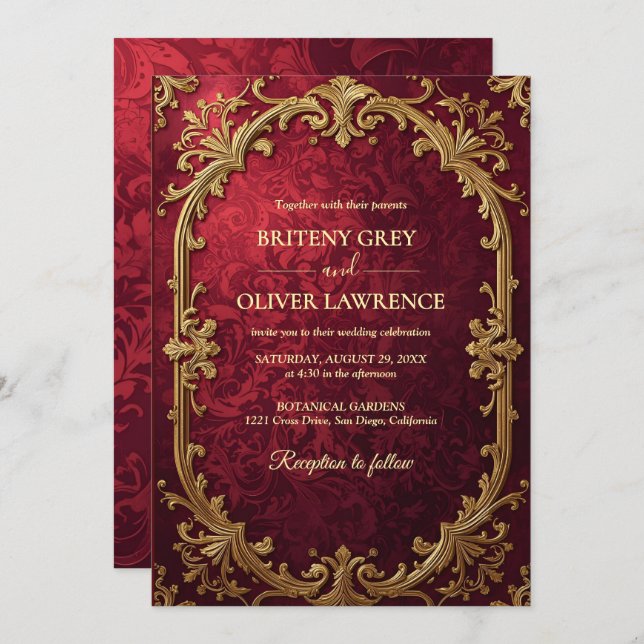 Elegant Vintage Burgundy red and Gold Wedding  Invitation (Front/Back)
