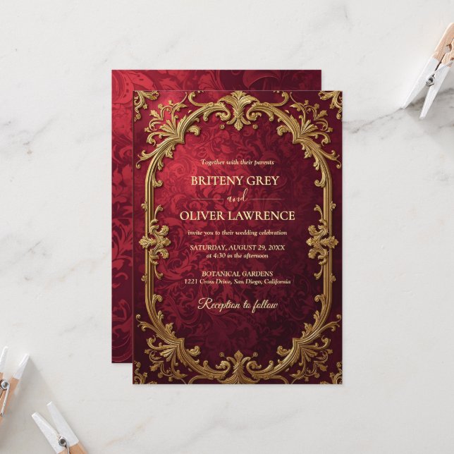 Elegant Vintage Burgundy red and Gold  Wedding Invitation (Front/Back In Situ)