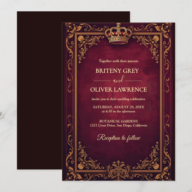 Elegant Vintage Burgundy red and Gold  Wedding Invitation (Front/Back)