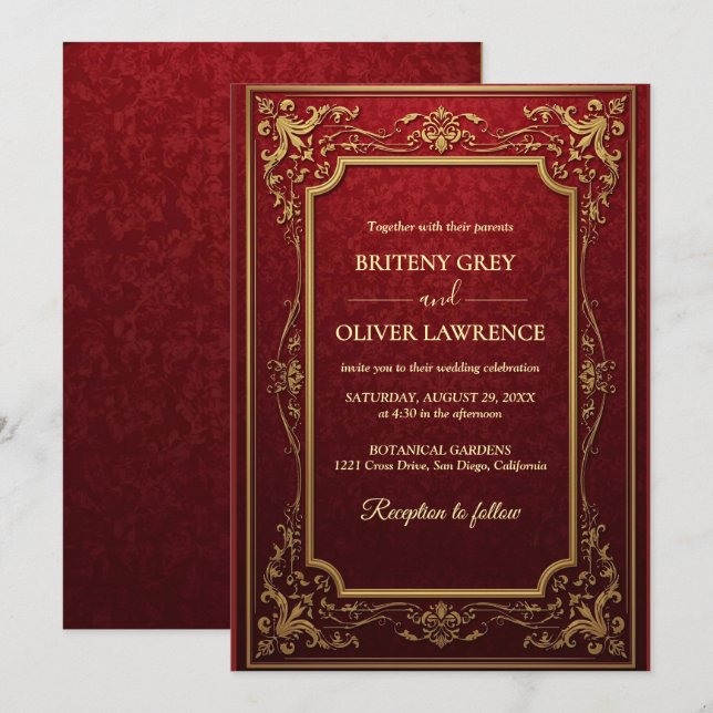 Elegant Vintage Burgundy red and Gold  Wedding Invitation (Front/Back)
