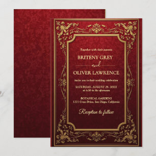 Elegant Vintage Burgundy red and Gold Wedding Invitation