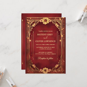 Elegant Vintage Burgundy red and Gold Wedding Invitation