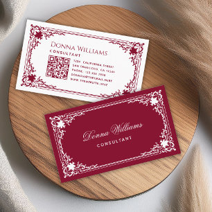 Elegant Vintage Burgundy White Script and QR Code Business Card