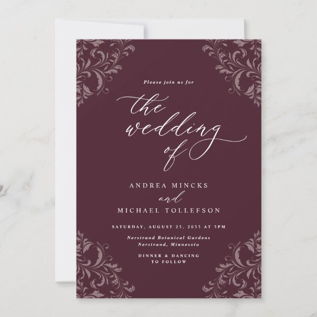 Elegant Vintage Burgundy Wine Wedding Invitation (Front)