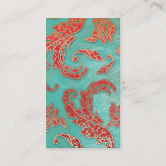 Elegant Vintage Business Card Verdigris Swirls Red (Front)