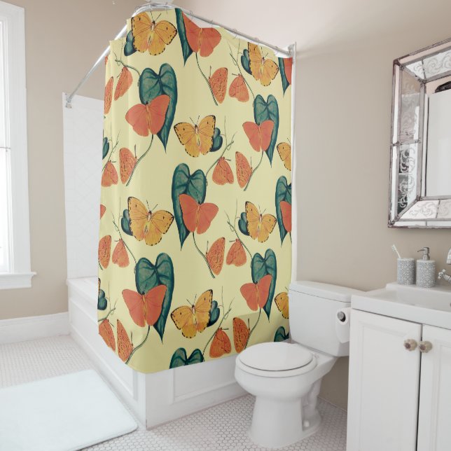 Elegant Vintage Butterflies and Leaves Pattern | Shower Curtain (In Situ)