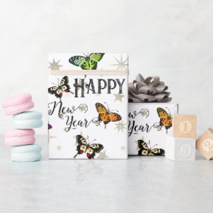 Elegant Vintage Butterflies & Stars Happy New Year Wrapping Paper