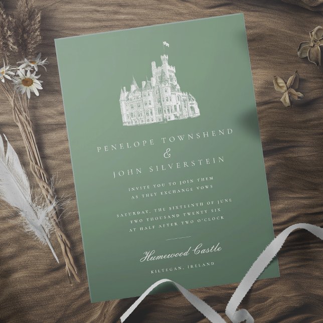 Elegant Vintage Castle Illustration Green Wedding Invitation (Sage green wedding invitation with a white illustration of a castle)