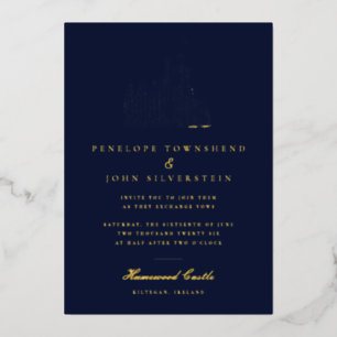 Elegant Vintage Castle Illustration Navy Wedding