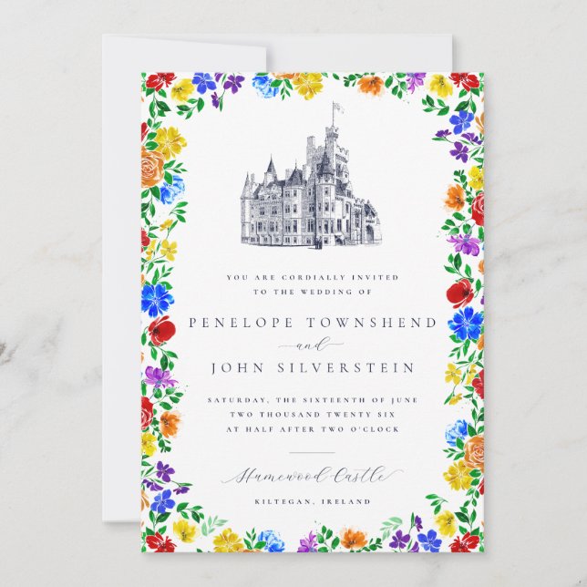Elegant Vintage Castle Rainbow Floral Wedding Invitation (Front)