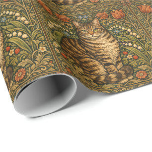 Elegant vintage cat floral botanical wrapping paper