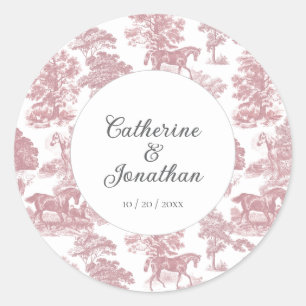 Elegant Vintage Chic Pink Horse Toile Wedding Classic Round Sticker