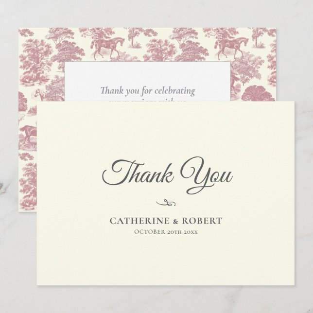 Elegant Vintage Chic Pink Horse Toile Wedding Thank You Card (Front/Back)