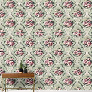 Elegant Vintage Chic Pink Roses on Sage Floral Wallpaper