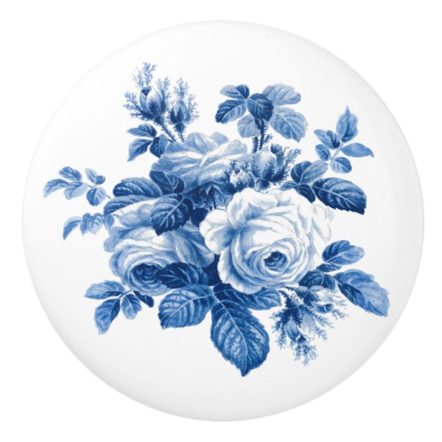 Elegant Vintage China Blue Roses Ceramic Knob (Front)