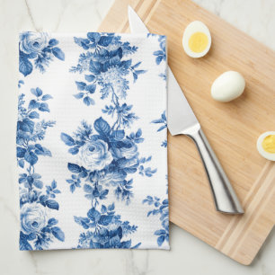Elegant Vintage China Blue Roses Tea Towel