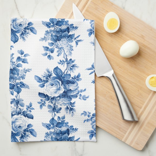 Elegant Vintage China Blue Roses Tea Towel (Quarter Fold)