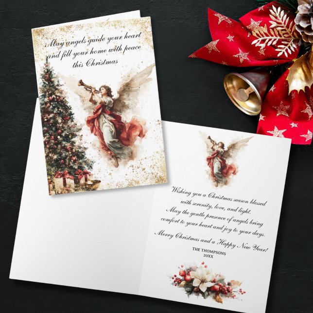 Elegant Vintage Christmas Angel Holiday Card (Vintage holiday greeting card depicting an angel with golden accents and floral elements)