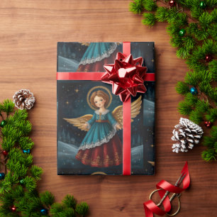 Elegant Vintage Christmas Angel Starry Night Wrapping Paper