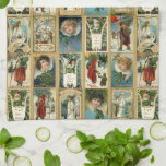 Elegant Vintage Christmas Cards w/Gold Borders Tea Towel<br><div class="desc">Elegant,  ornate and colourful vintage Christmas card collage ca 1909 featuring images of Santa,  young winged cherubs,  angels and rustic winter scenes with decorative gold damask borders.</div>