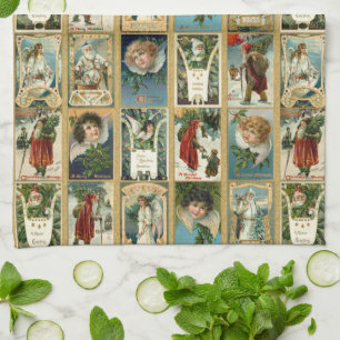 Elegant Vintage Christmas Cards w/Gold Borders Tea Towel