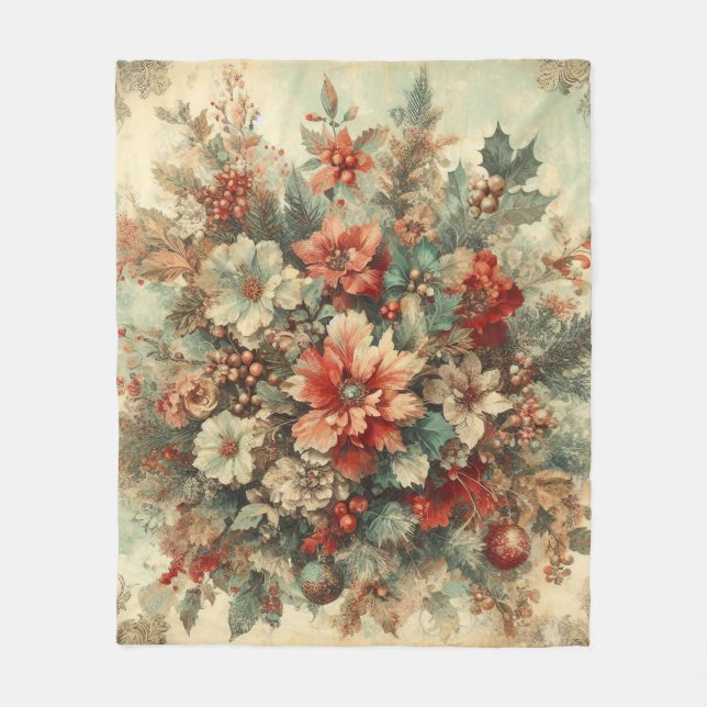 Elegant Vintage Christmas Flowers  Fleece Blanket (Front)