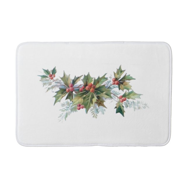 Elegant Vintage Christmas Holly and Pine Bath Mat (Front)