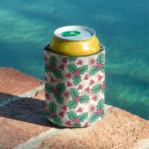 Elegant Vintage Christmas Holly Floral Pattern    Can Cooler