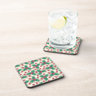 Elegant Vintage Christmas Holly Floral Pattern    Coaster