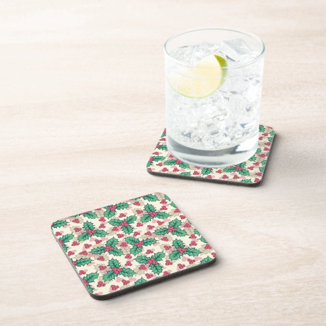 Elegant Vintage Christmas Holly Floral Pattern |  Coaster (Right Side)