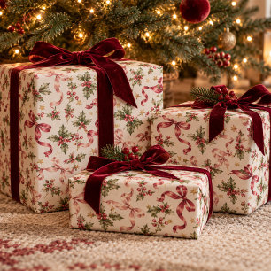 Elegant Vintage Christmas Holly Red Pink Bows Wrapping Paper