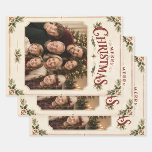 Elegant Vintage Christmas Photo, Retro Frame style Wrapping Paper Sheet