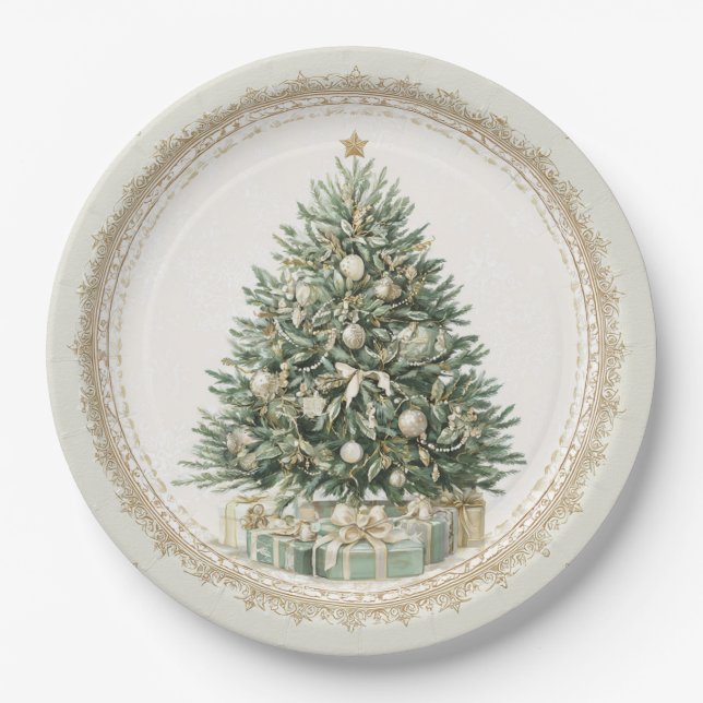 Elegant Vintage Christmas Tree Paper Plates (Front)