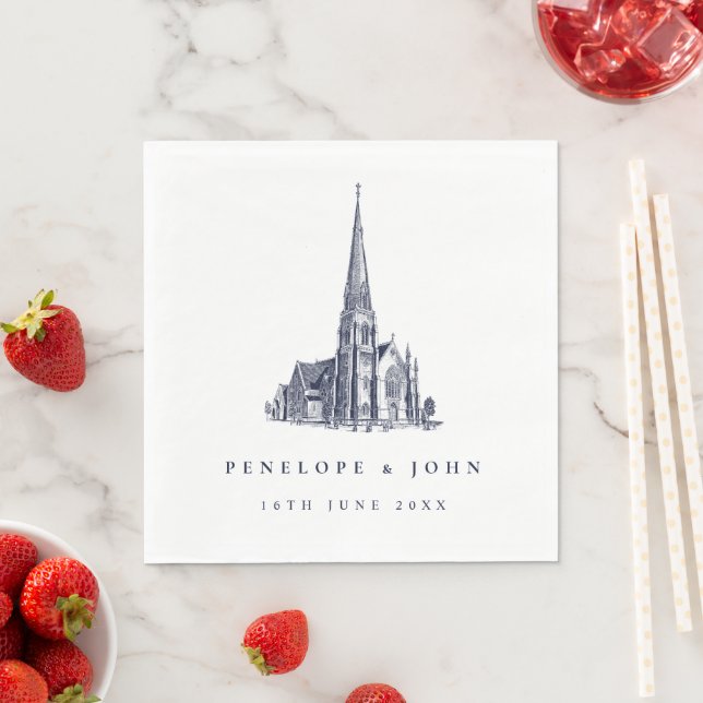 Elegant Vintage Church Illustration Wedding Napkin (Insitu)