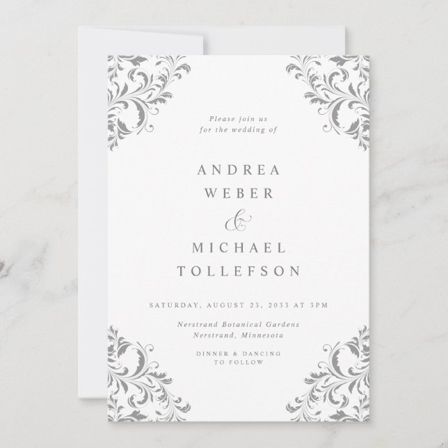 Elegant Vintage Classic Silver Grey Wedding Invitation (Front)
