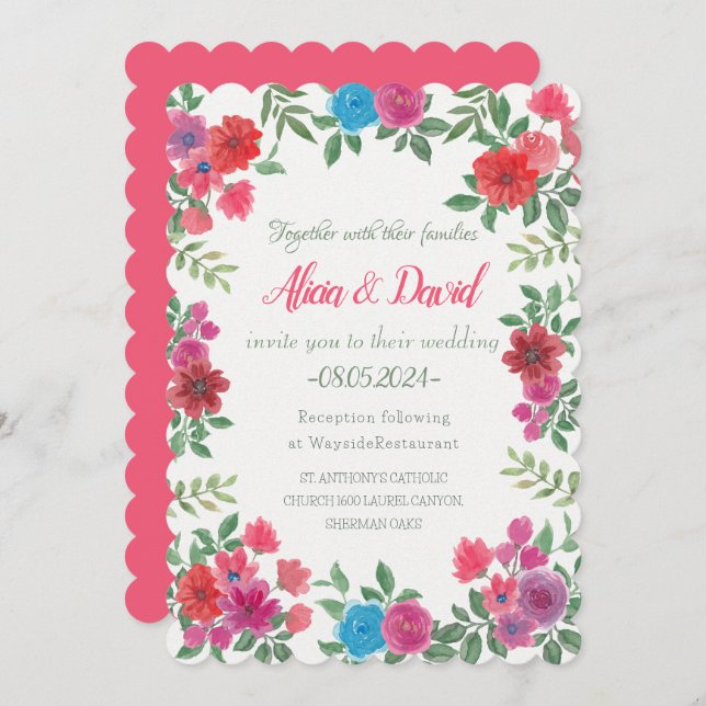Elegant Vintage Colourful Floral Wedding Invitation (Front/Back)