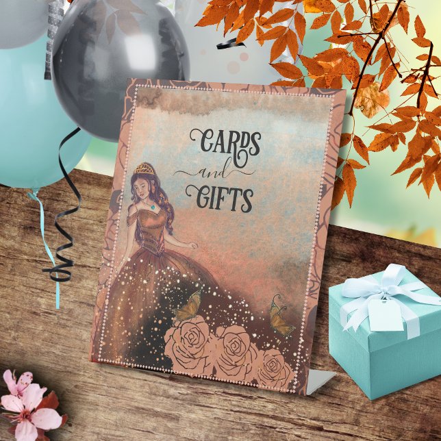 Elegant Vintage Copper Rose Quinceañera  Pedestal Sign (Elegant Vintage Copper Rose Quinceañera Pedestal Sign)