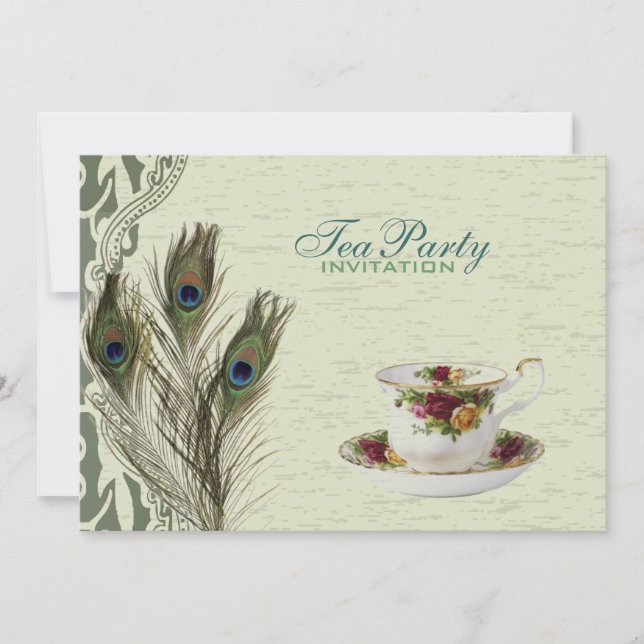 elegant vintage country green peacock tea party invitation (Front)