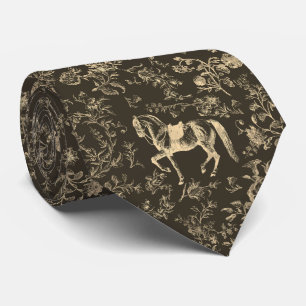 Elegant Vintage Cream Brown Horse Floral  Tie