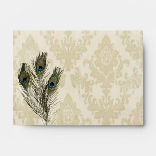 elegant vintage cream damask peacock wedding envelope (Front)